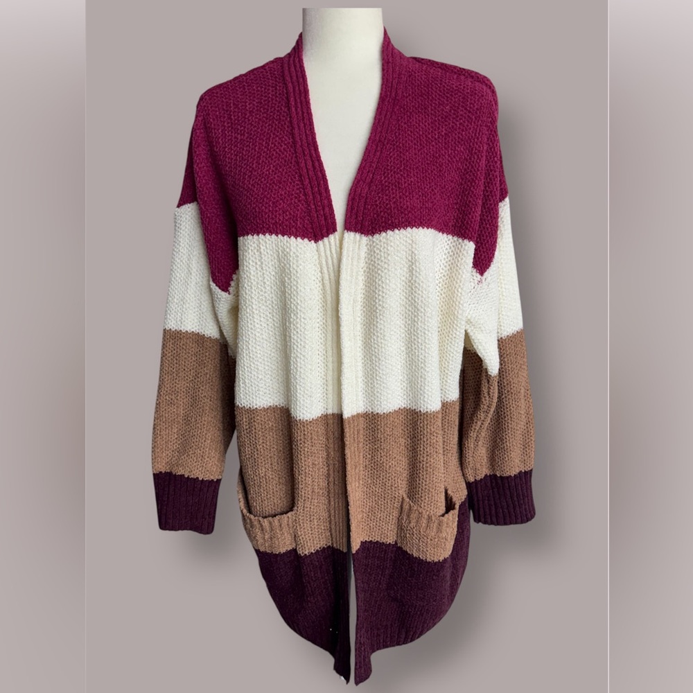 Pink Rose Plum Combo Open Front Color-block Cardigan Sweater